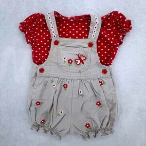 Vtg Cradle Togs Baby Girl Polka Dot Bodysuit & Tan Floral Overall Set Size 12M